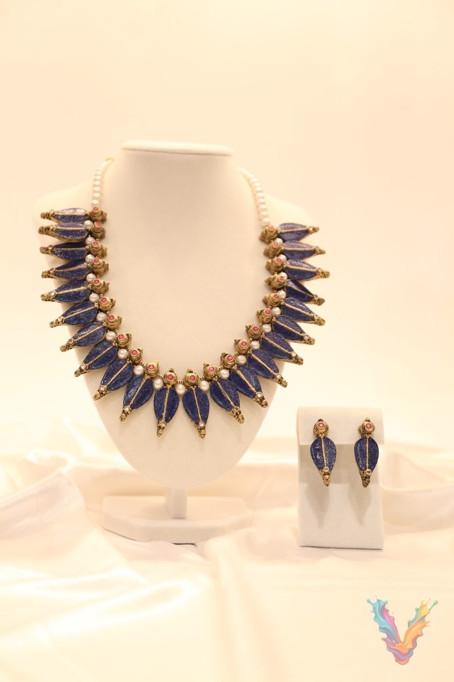 Blue and gold leaf-shaped terracotta necklace with earrings