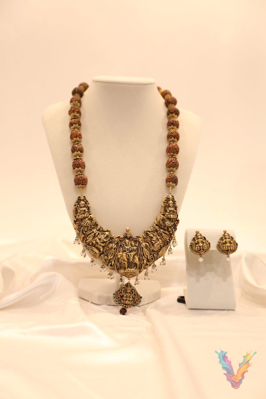 Brown and gold terracotta temple necklace with earrings